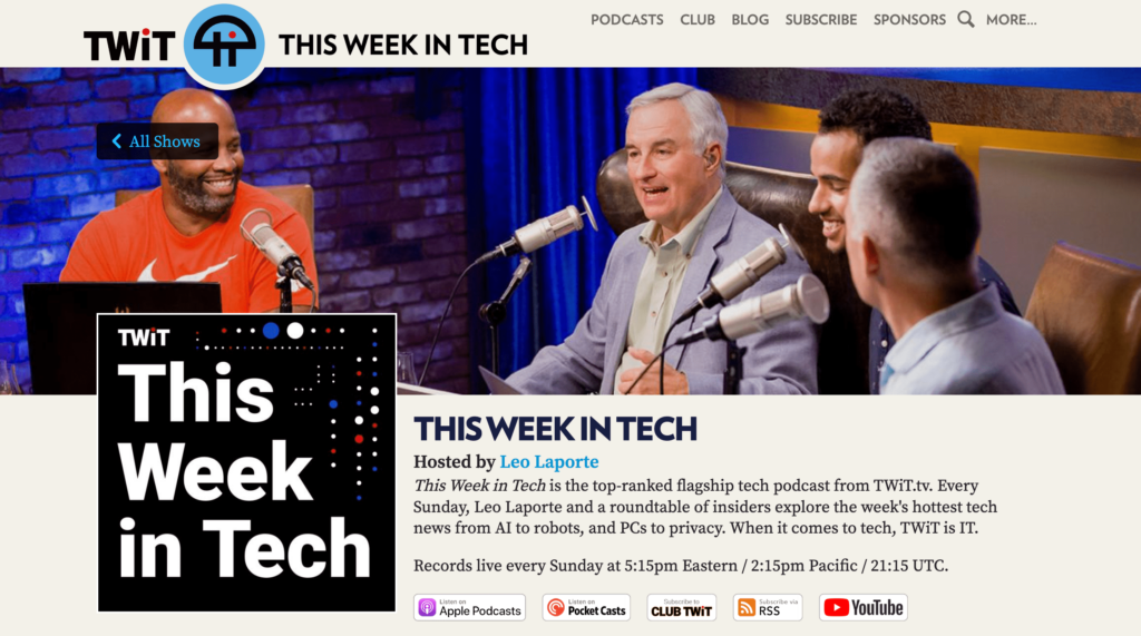 Hosts smiling and engaging in discussion on the set of 'This Week in Tech,' a popular tech podcast, with the logo and subscription options prominently displayed.