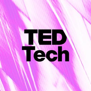 Bold black text 'TED Tech' over a vibrant pink feathered background, indicating a visual theme for a tech podcast series