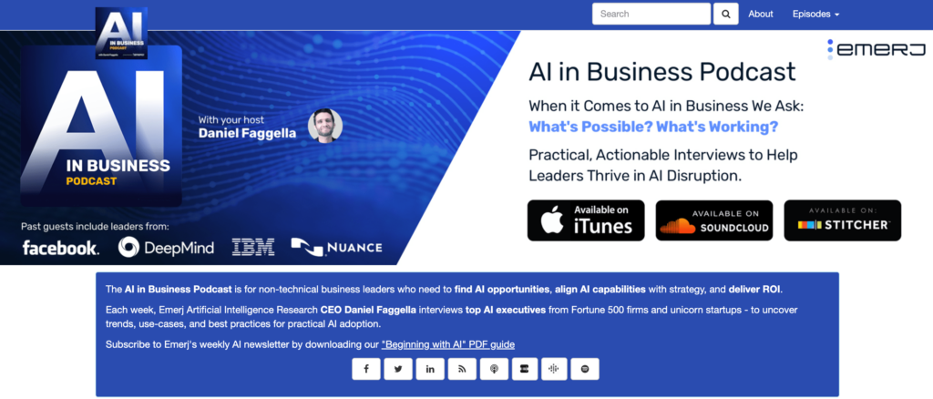 Homepage banner for 'The AI in Business Podcast' featuring host Daniel Faggella, logos of previous influential guests, and icons for podcast platforms like iTunes, SoundCloud, and Stitcher.