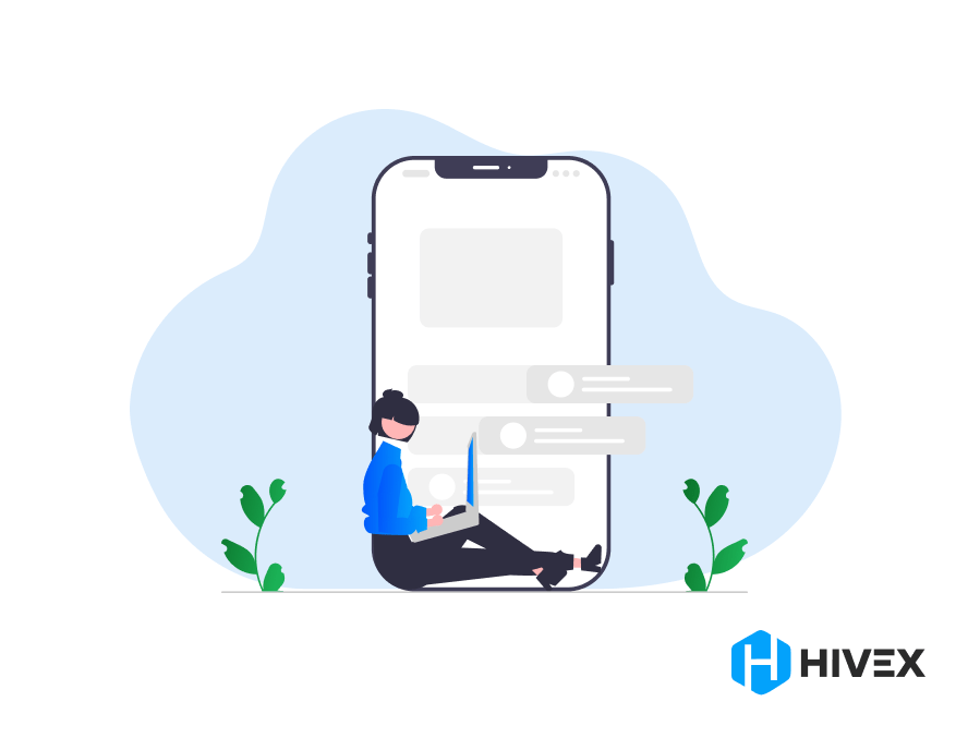 Illustration of a person sitting with a laptop in front of a large smartphone screen, representing fintech software development, with Hivex logo in the bottom right corner.