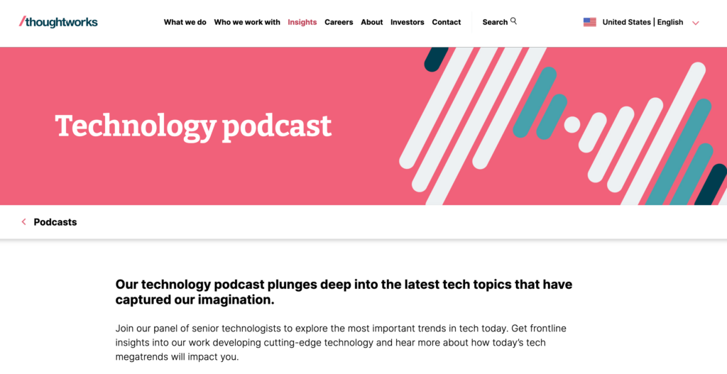 Header for the Thoughtworks Technology Podcast page with abstract pink and blue design elements, highlighting discussions on the latest tech topics.