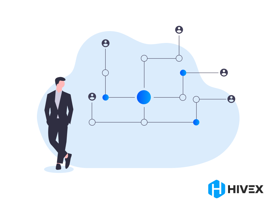 Person standing next to a network diagram, representing CTO outsourcing and decision-making