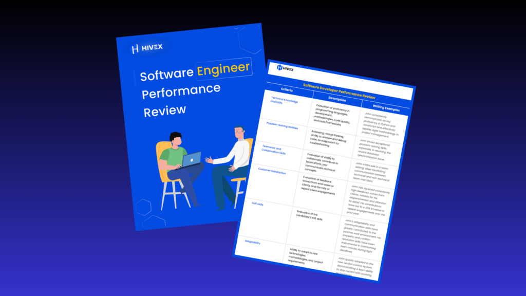 Software engineer performance review document with evaluation criteria and writing examples