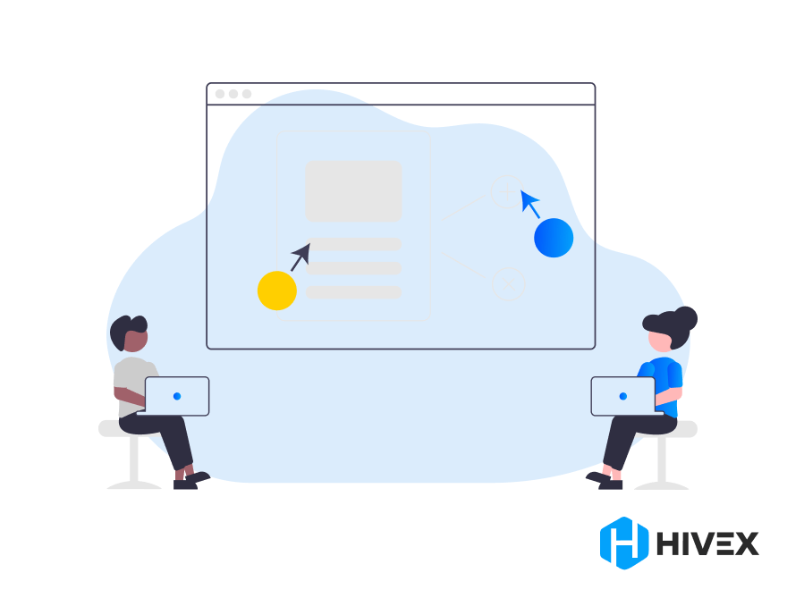Two developers, one male and one female, using laptops while seated in front of a large graphical interface screen, engaging in knowledge transfer after a developer quits, with Hivex logo.