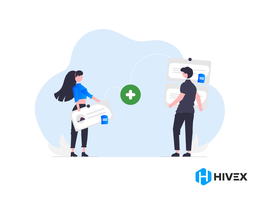 Male and female developers sharing and syncing project documents digitally, facilitating a smooth transition plan after a developer leaves, with conceptual icons and Hivex logo