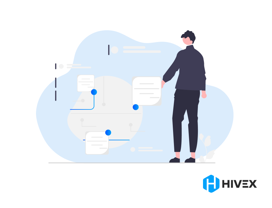 Person interacting with virtual flowchart, representing the integration of AI in business processes and decision-making.