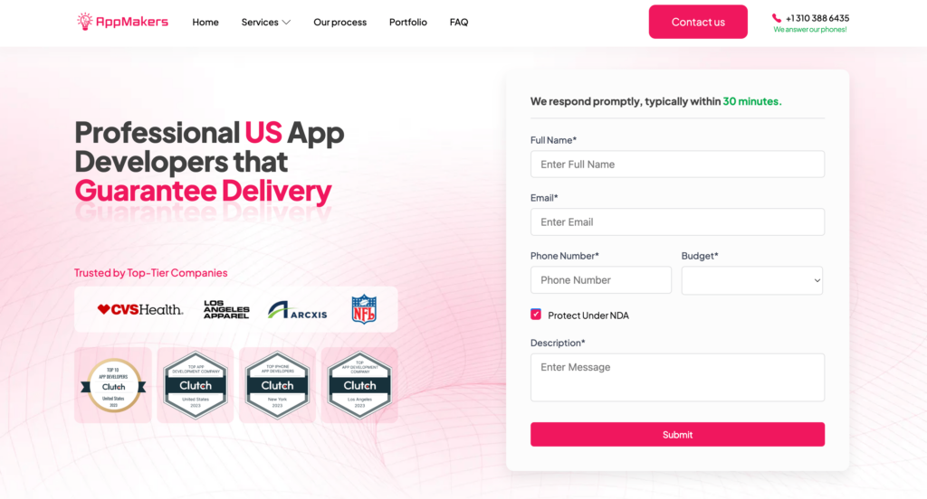 AppMakers homepage highlighting their status as a professional US app development company with a guaranteed delivery promise, showcasing endorsements from top-tier companies and Clutch awards.