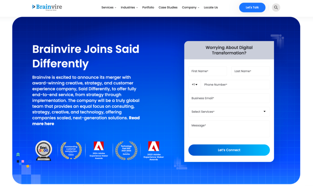 Brainvire webpage announcing its merger with Said Differently, highlighted by a consultation form and showcasing awards for digital solutions and customer service excellence.