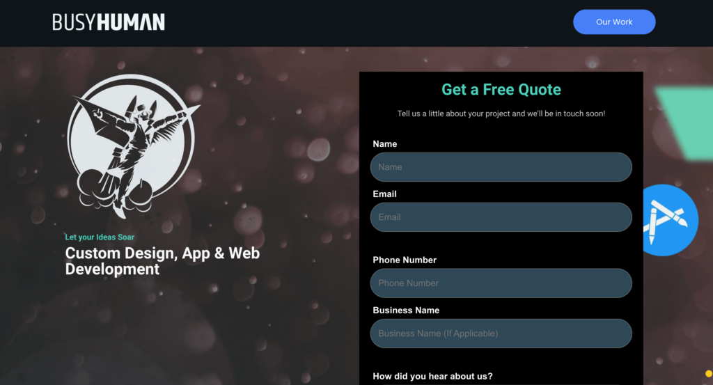 BusyHuman homepage with a distinctive logo, promoting custom design, app, and web development services, alongside a 'Get a Free Quote' form inviting project inquiries.
