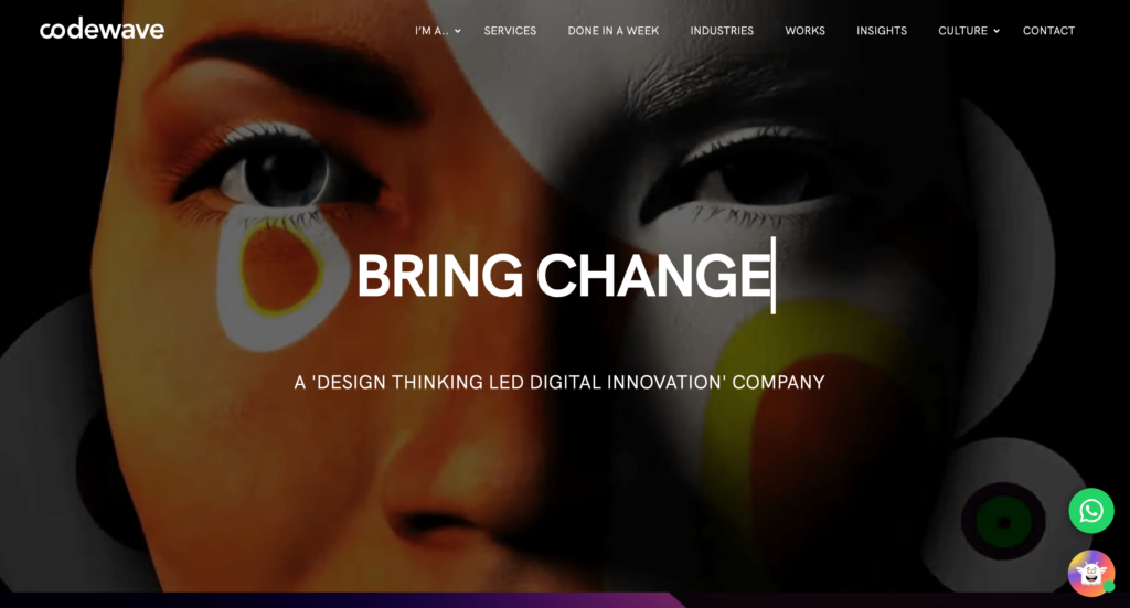 Codewave homepage featuring an impactful close-up image of a woman's face with vibrant graphic overlays, symbolizing their mission as a 'Design Thinking Led Digital Innovation' company focused on bringing change.