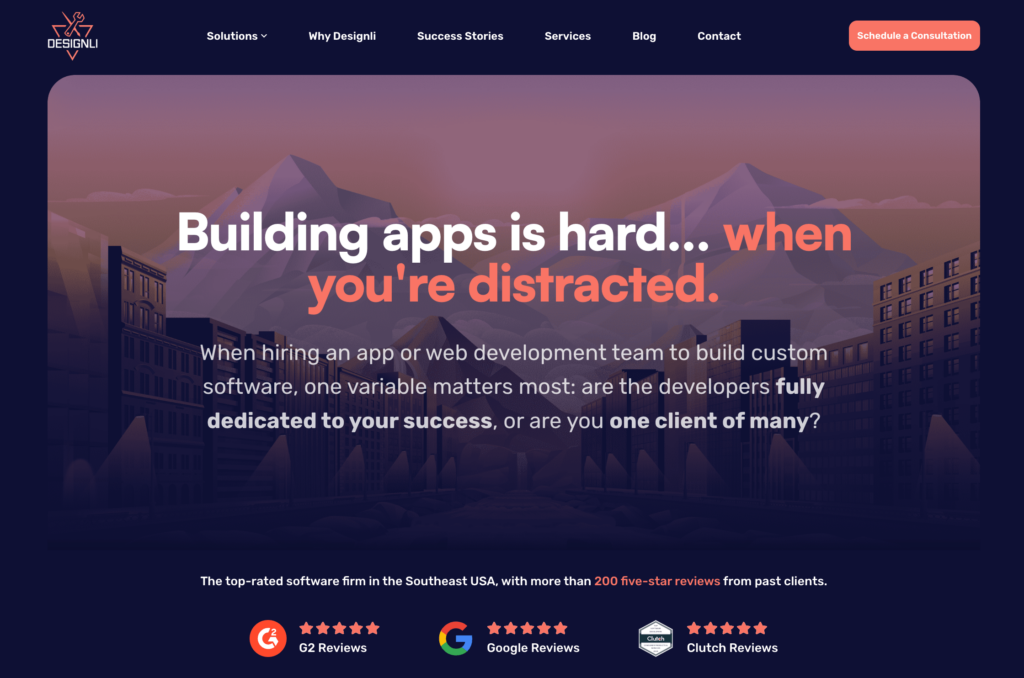 Promotional banner for Designli, a top mobile app development company, featuring an urban skyline and mountains, emphasizing client-focused services and high ratings from G2, Google, and Clutch