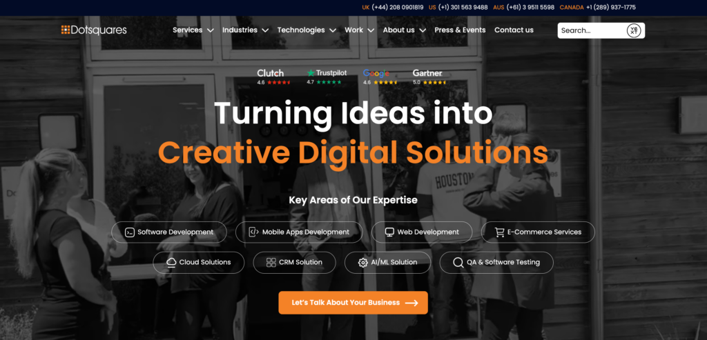 Dotsquares homepage banner displaying a team in discussion, highlighting their role as a top mobile app development company, with key service areas in software, mobile apps, and AI solutions.