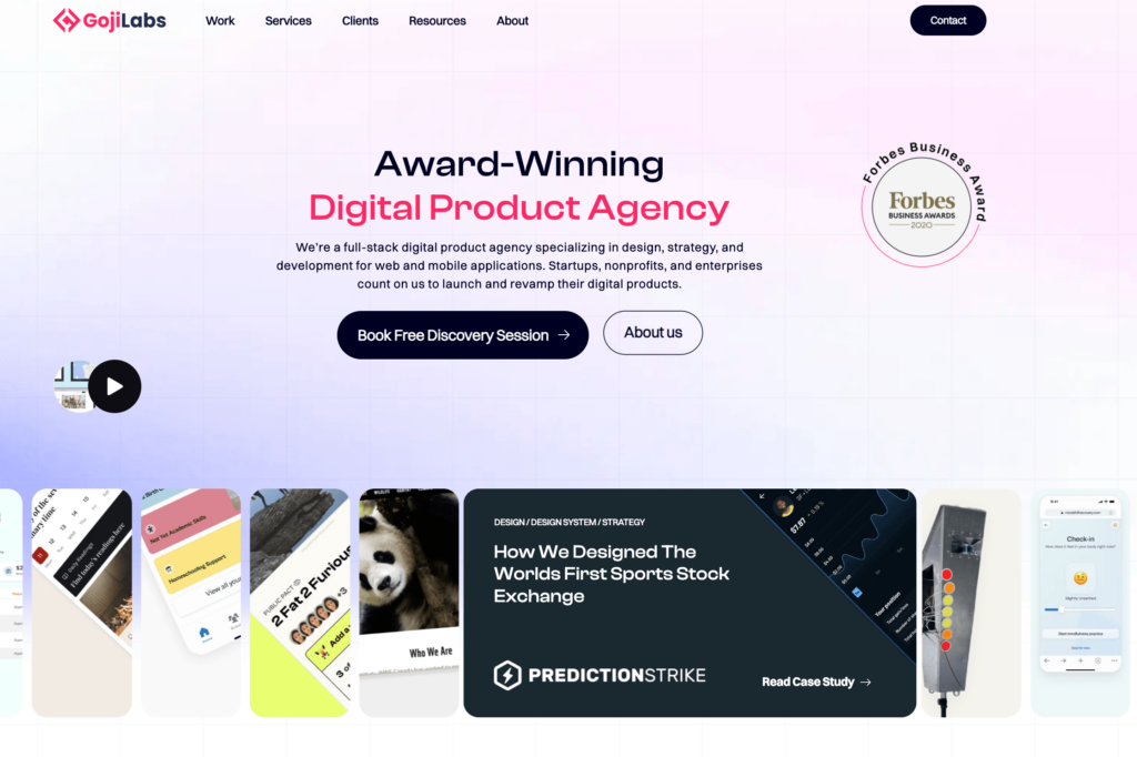 Homepage of GojiLabs, showcasing its status as a top mobile app development company with a Forbes Business Award, featuring a slider of mobile app screenshots and links to their services and case studies