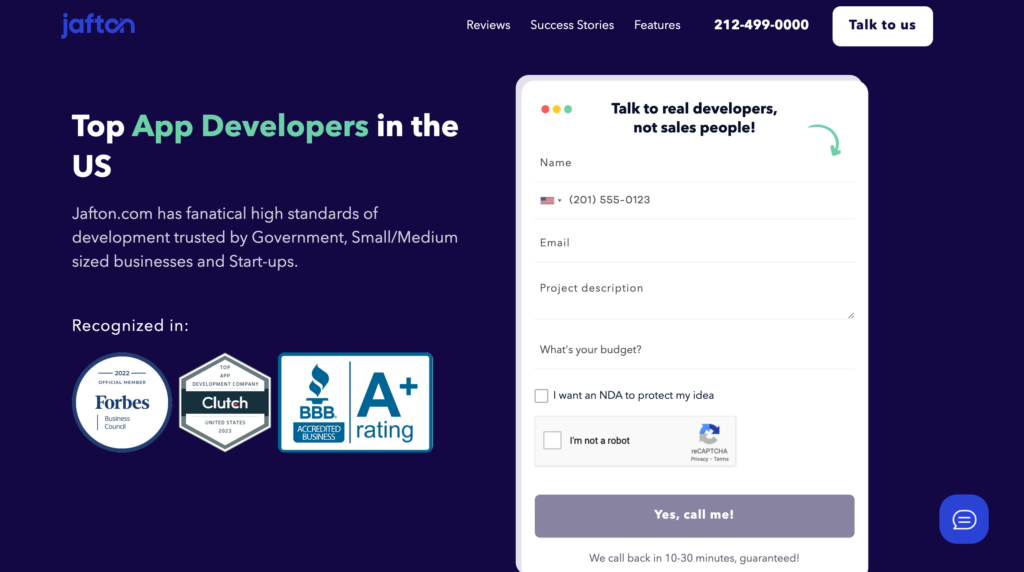 Webpage of Jafton, a top mobile app development company in the US, featuring their commitment to high standards for government and business clients, alongside accolades from Forbes, Clutch, and BBB