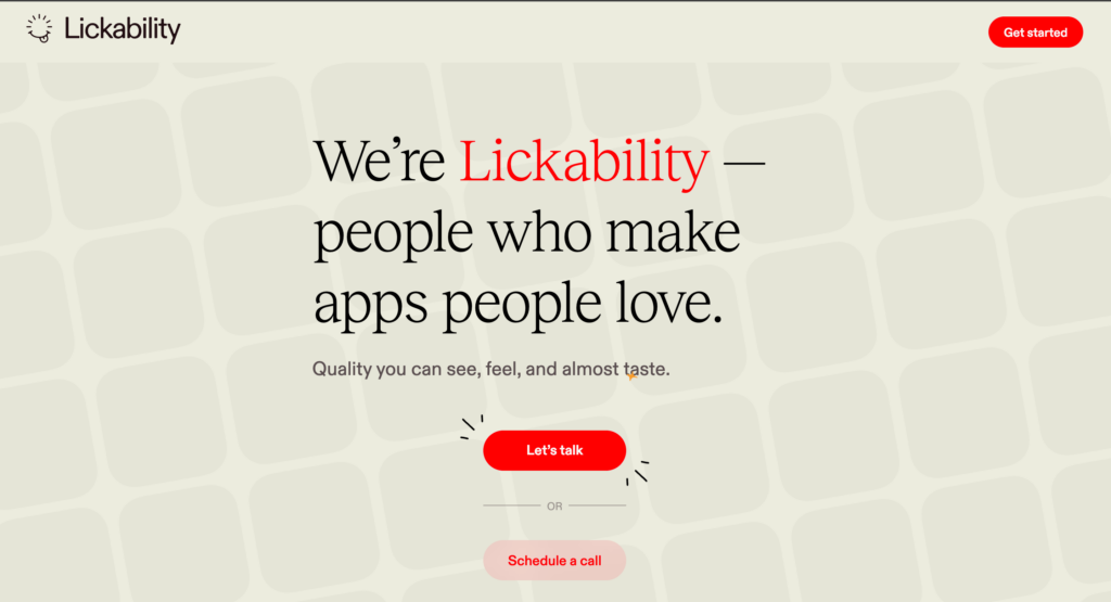 Lickability's clean and engaging homepage featuring a bold declaration about their passion for creating beloved apps, inviting users to start a conversation through a prominent 'Let's talk' button.