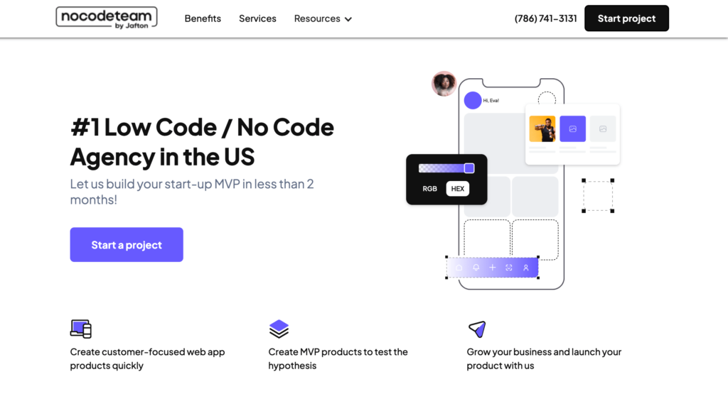 NoCodeTeam homepage claiming to be the #1 low code/no code agency in the US, featuring a clean, modern design with graphical representations of mobile and web development services.