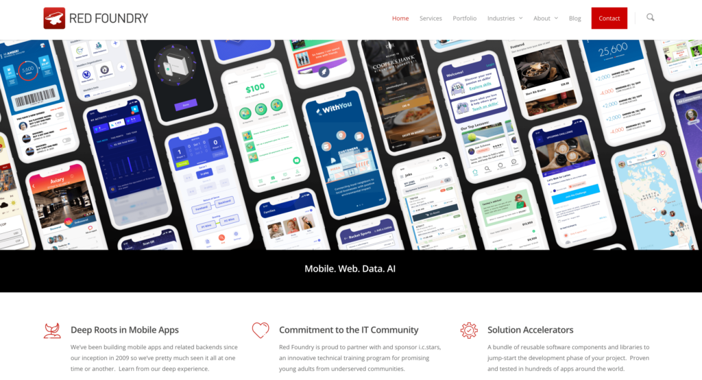 Red Foundry homepage featuring a diverse array of mobile app screenshots, showcasing their expertise in developing innovative mobile, web, and AI solutions.