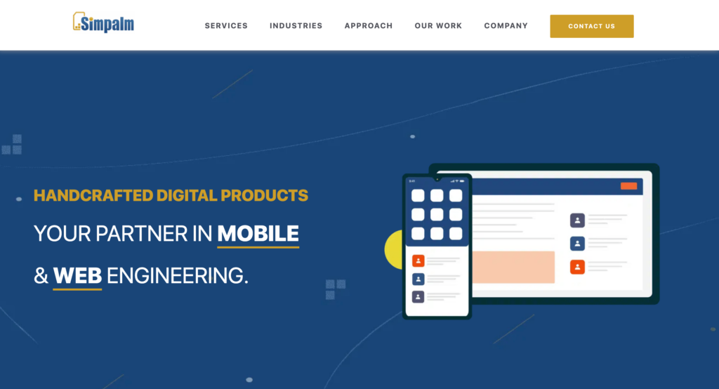 Simpalm web banner featuring a smartphone and laptop displaying user interface designs, highlighting their partnership in mobile and web engineering.