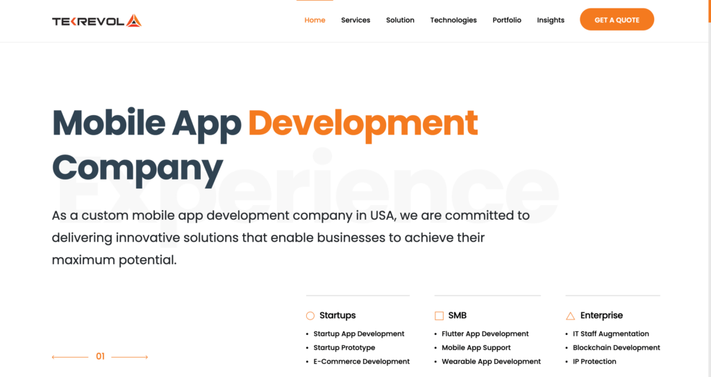 TekRevol homepage banner presenting its services as a mobile app development company, detailing their commitment to custom solutions that enhance business potential in various sectors like startups and enterprise technology.