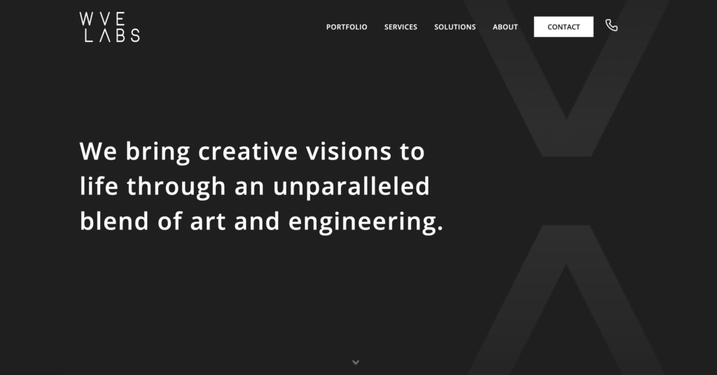 Wve Labs homepage with a bold statement emphasizing their mission to blend art and engineering to bring creative visions to life, set against a minimalist black background with a prominent 'V' design.