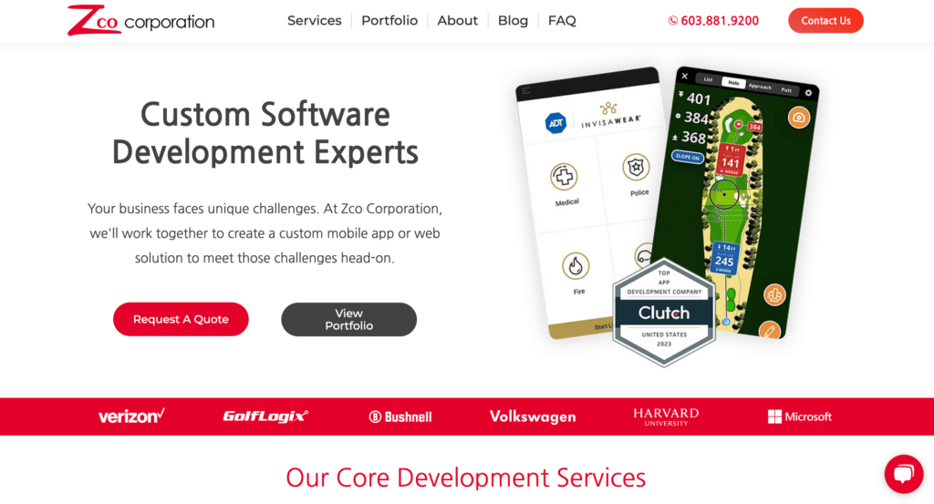 Zco Corporation homepage showcasing its custom software development expertise with mobile app screenshots displaying various functionalities, emphasizing their status as a top app development company and trusted by major brands like Verizon and Microsoft.